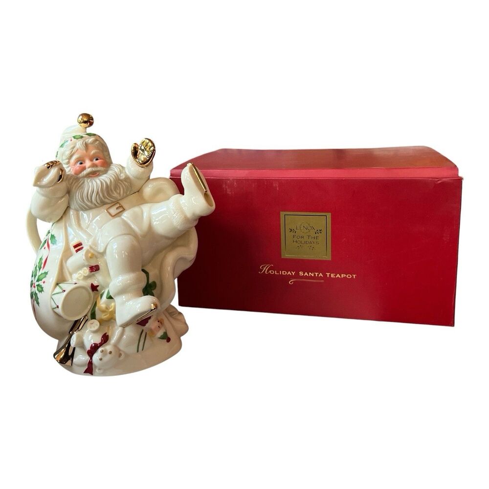 VintageLenox Holiday Collection Christmas Ice Skating Santa Porcelain Teapot 11”